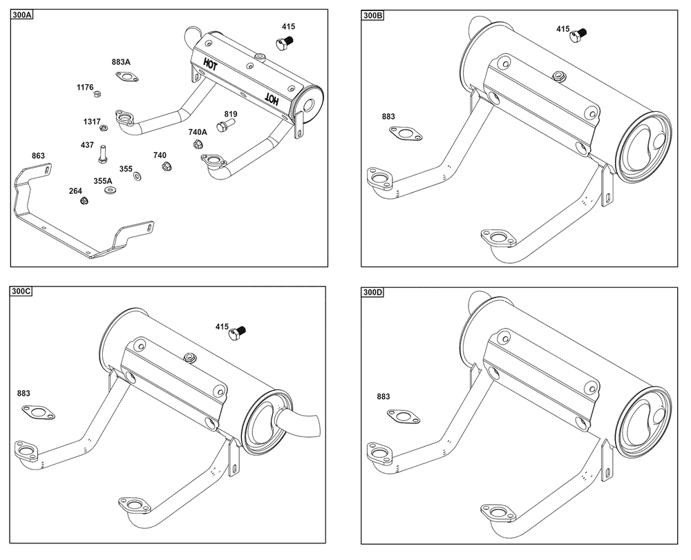 Model 40, 44 And 49 Engine Accessories Catalog / Implement Mounted Above Deck Mufflers Diagram and Parts List for  Briggs and Stratton Engine